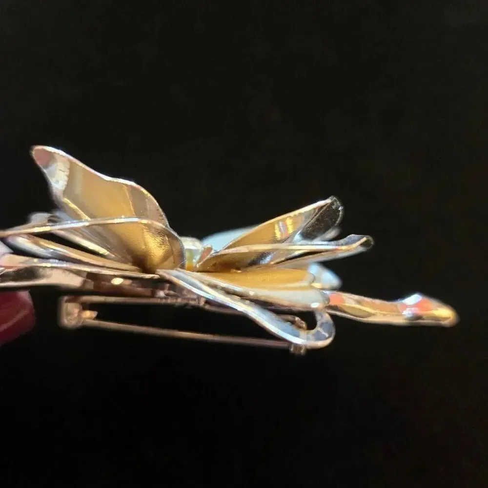 Vintage Silver Tone Flower Brooch Pin With Aurora Boreallis Center